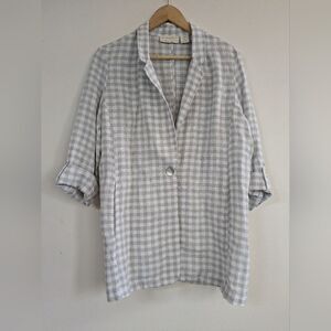 CYNTHIA ROWLEY 100% Linen CLASSIC Grey Check One Button BLAZER Jacket M Medium